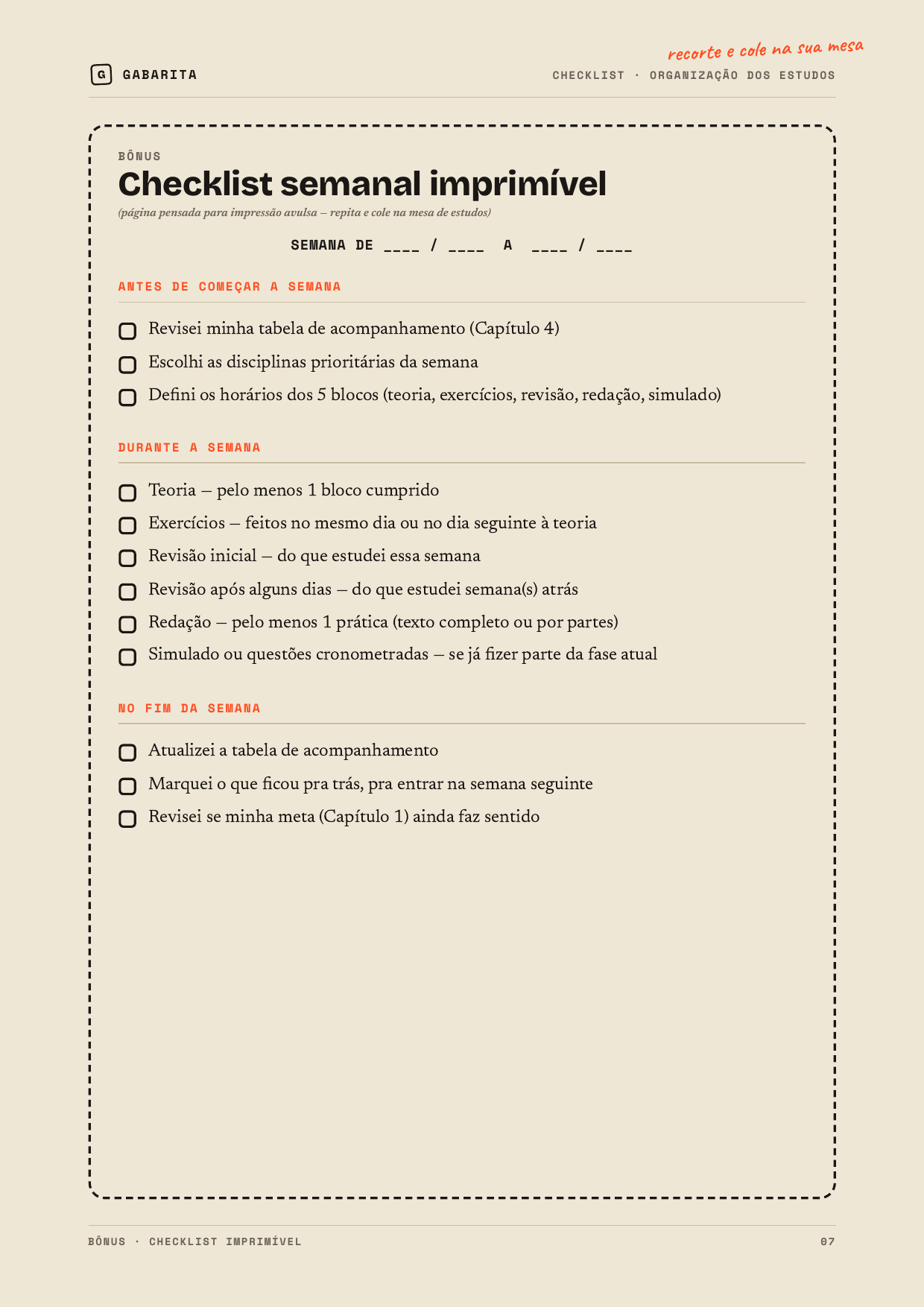 Página do checklist semanal imprimível